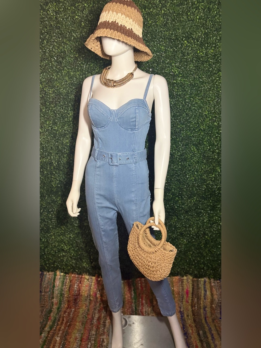 Haute Monde Light Wash Denim Bustier Jumpsuit Belted M